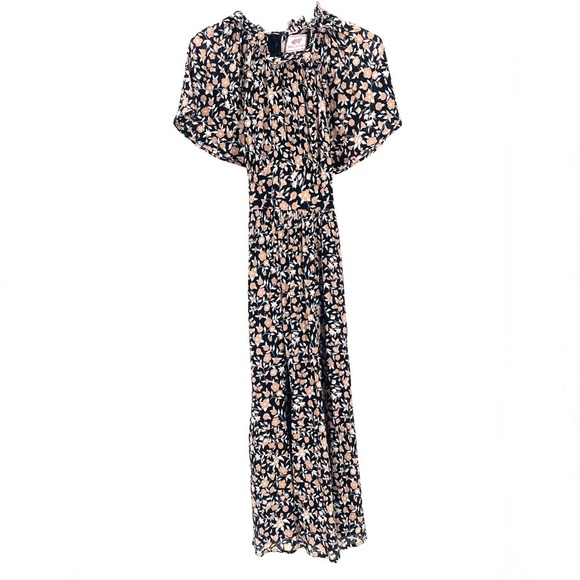 BANJANAN Anthropologie Boho Brown Black Floral Tie Waist MIDI Flowy Dress - Picture 1 of 9